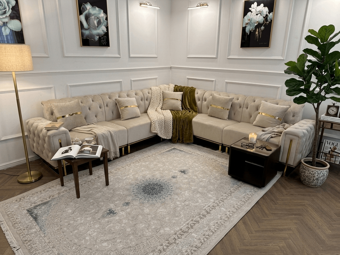 Q&P Furniture king corner sofa with plush cushions and modern design, shown in a spacious living room setting.