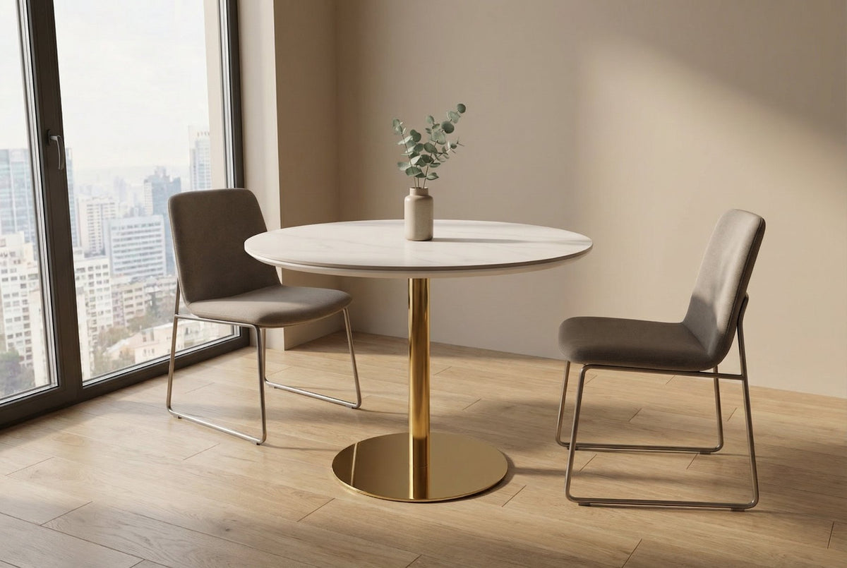 Rosy Brown Luxe Folding Round Dining Table – Silver Chrome, Gold Chrome &amp; Matt Black