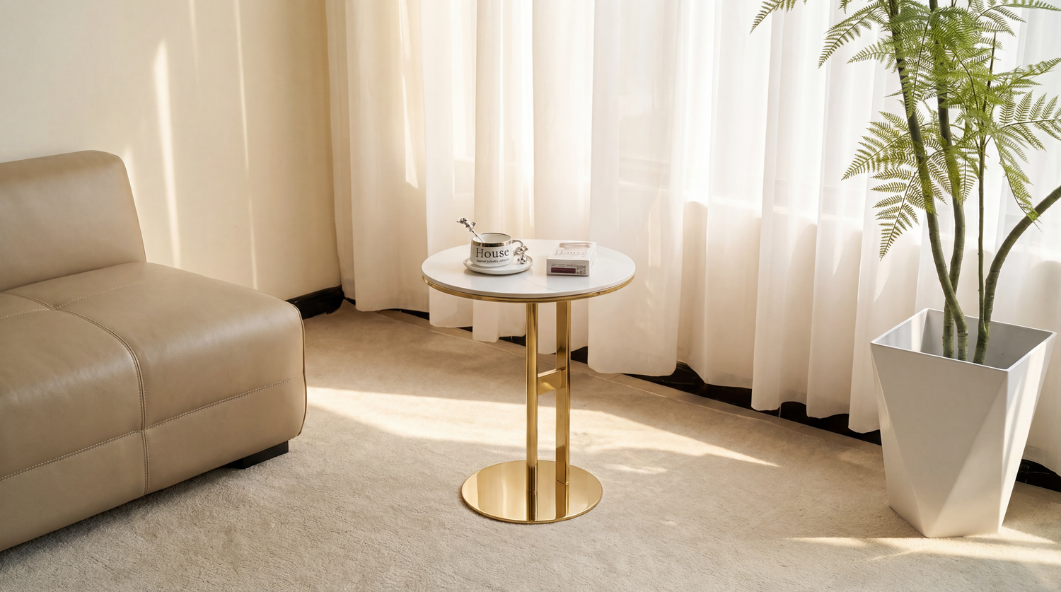 LINEA Round Sintered Stone Side Table with Stainless Steel Base