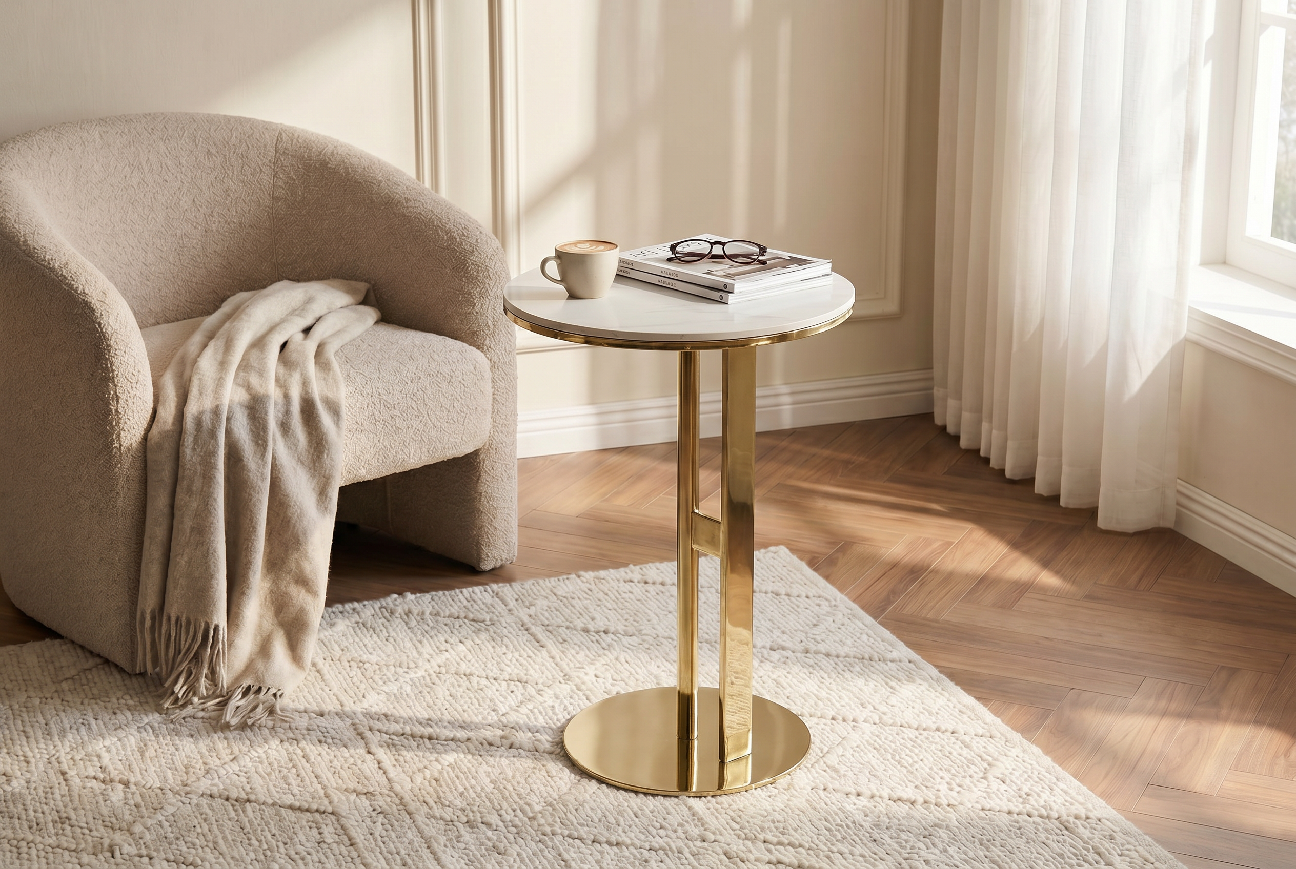 LINEA Round Sintered Stone Side Table with Stainless Steel Base