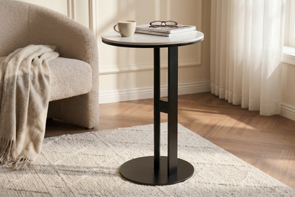 LINEA Round Sintered Stone Side Table with Stainless Steel Base