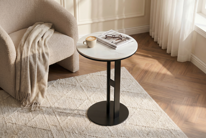 LINEA Round Sintered Stone Side Table with Stainless Steel Base