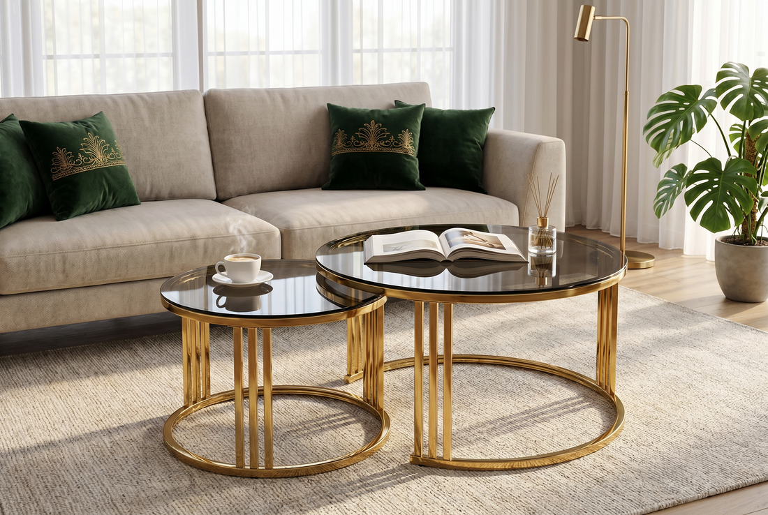 Luna 2-Piece Gold & Smoked Glass Nesting Coffee Table Set