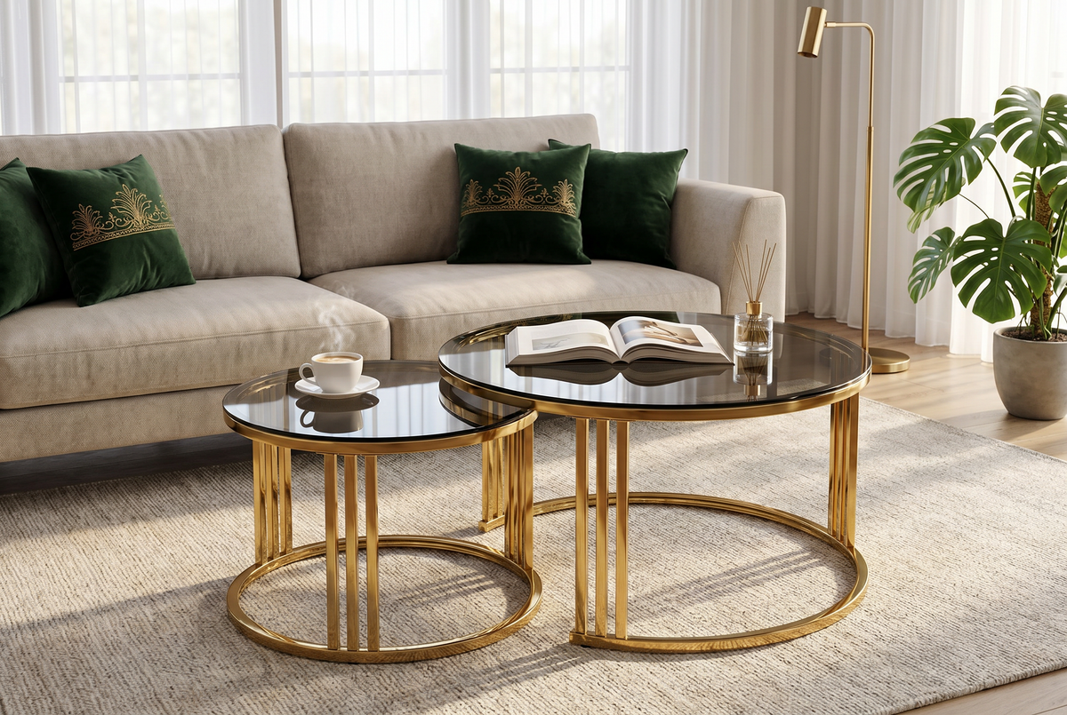 Luna 2-Piece Gold &amp; Smoked Glass Nesting Coffee Table Set