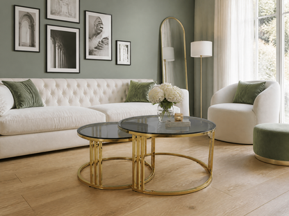 Luna 2-Piece Gold &amp; Smoked Glass Nesting Coffee Table Set