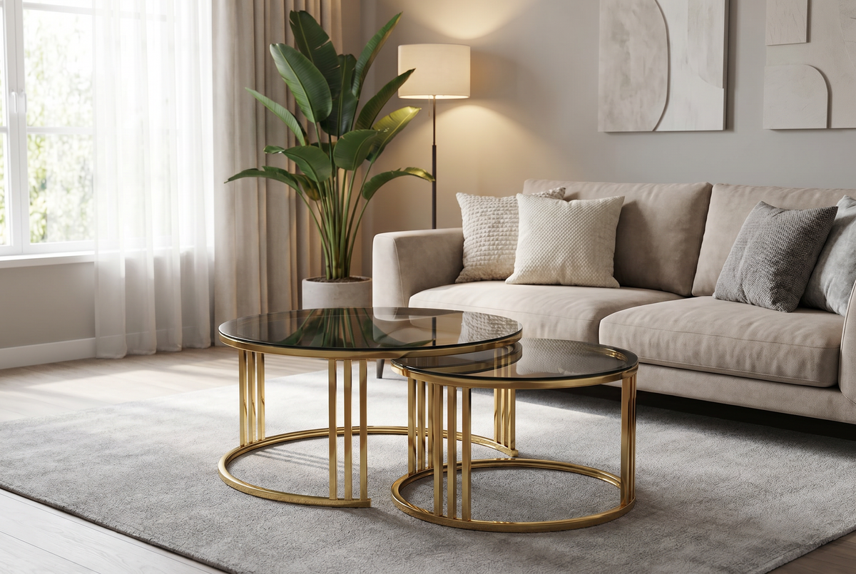Luna 2-Piece Gold &amp; Smoked Glass Nesting Coffee Table Set