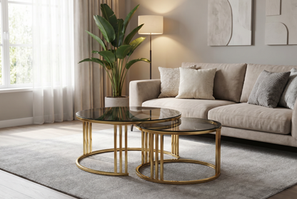 Luna 2-Piece Gold &amp; Smoked Glass Nesting Coffee Table Set