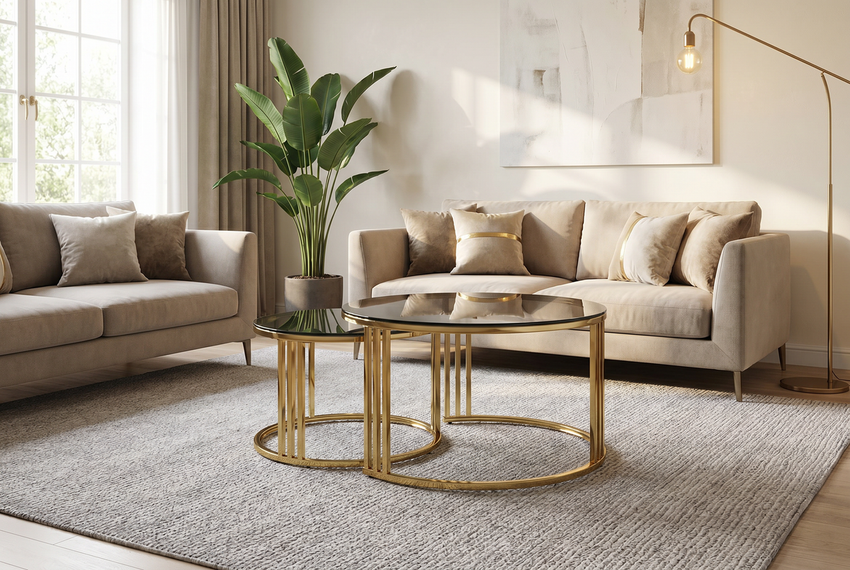 Luna 2-Piece Gold &amp; Smoked Glass Nesting Coffee Table Set