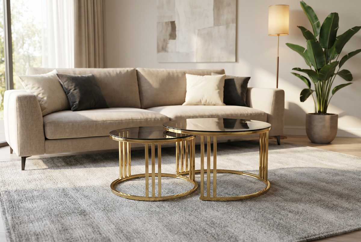 Luna 2-Piece Gold &amp; Smoked Glass Nesting Coffee Table Set