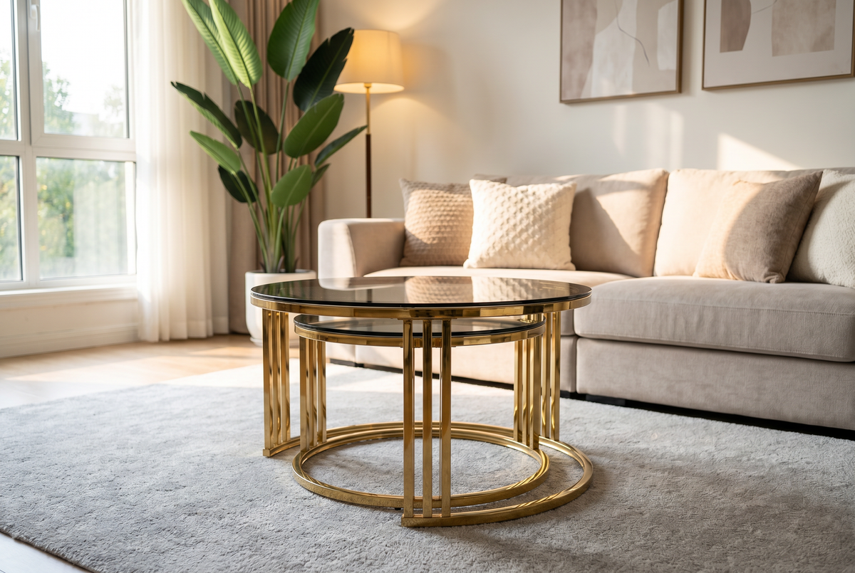 Luna 2-Piece Gold &amp; Smoked Glass Nesting Coffee Table Set