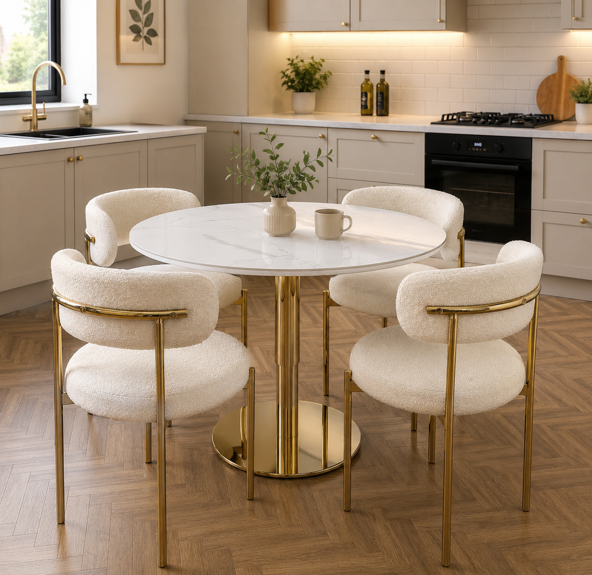 Dark Olive Green Luxe Dining Table Set with Teddy Fabric Chairs – Gold