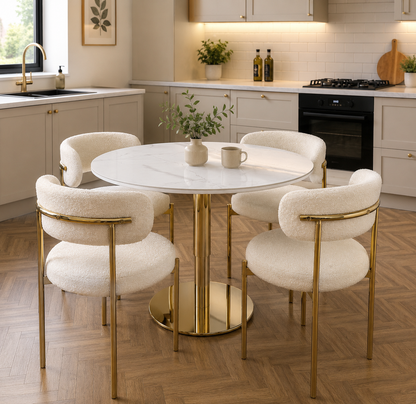 Dark Olive Green Luxe Dining Table Set with Teddy Fabric Chairs – Gold