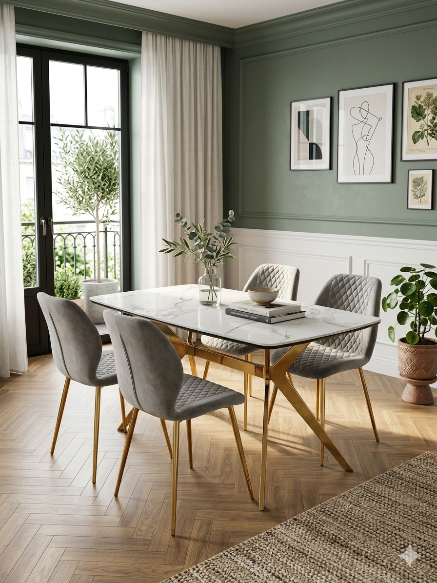 Vero Dining Set  White Marble Top &amp; Gold Base with 6 L Grey  Quilted Chairs