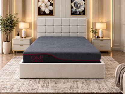 Velora Panel Upholstered Storage Bed – Modern Grey &amp; Beige Bed with Hydraulic Lift
