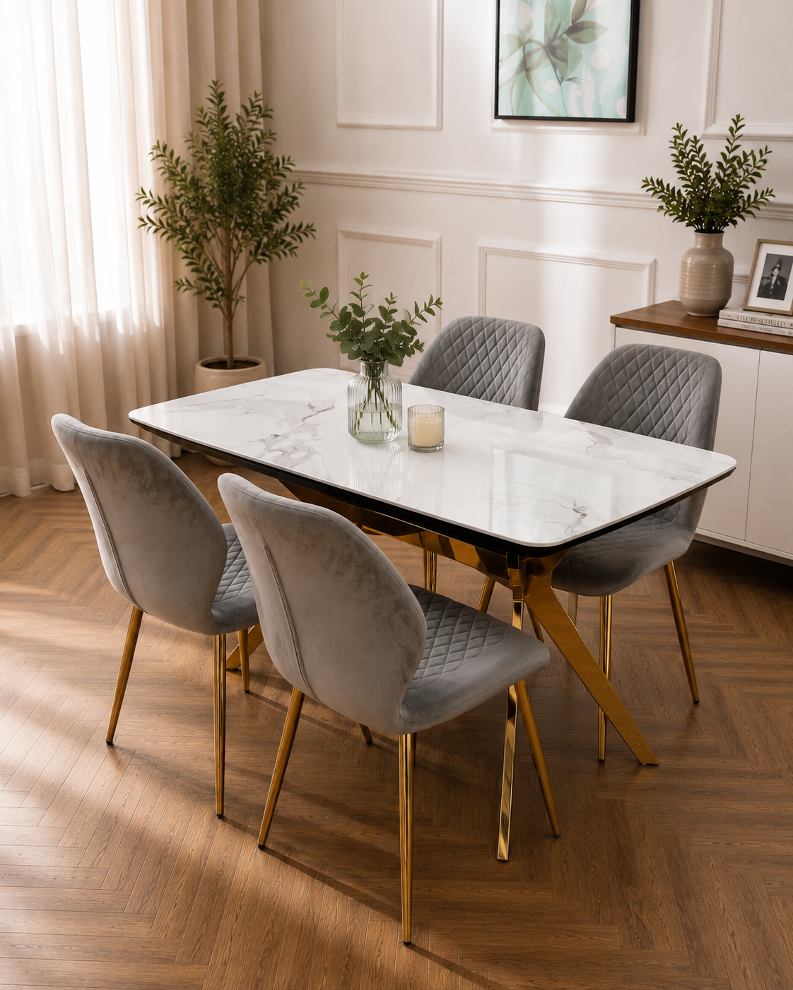 Vero Dining Set  White Marble Top &amp; Gold Base with 6 L Grey  Quilted Chairs