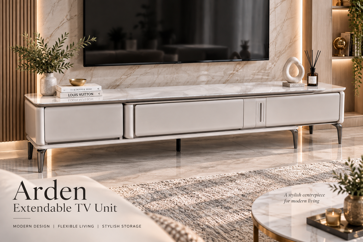 Arden Extendable TV Unit – Off White Marble Effect with Storage