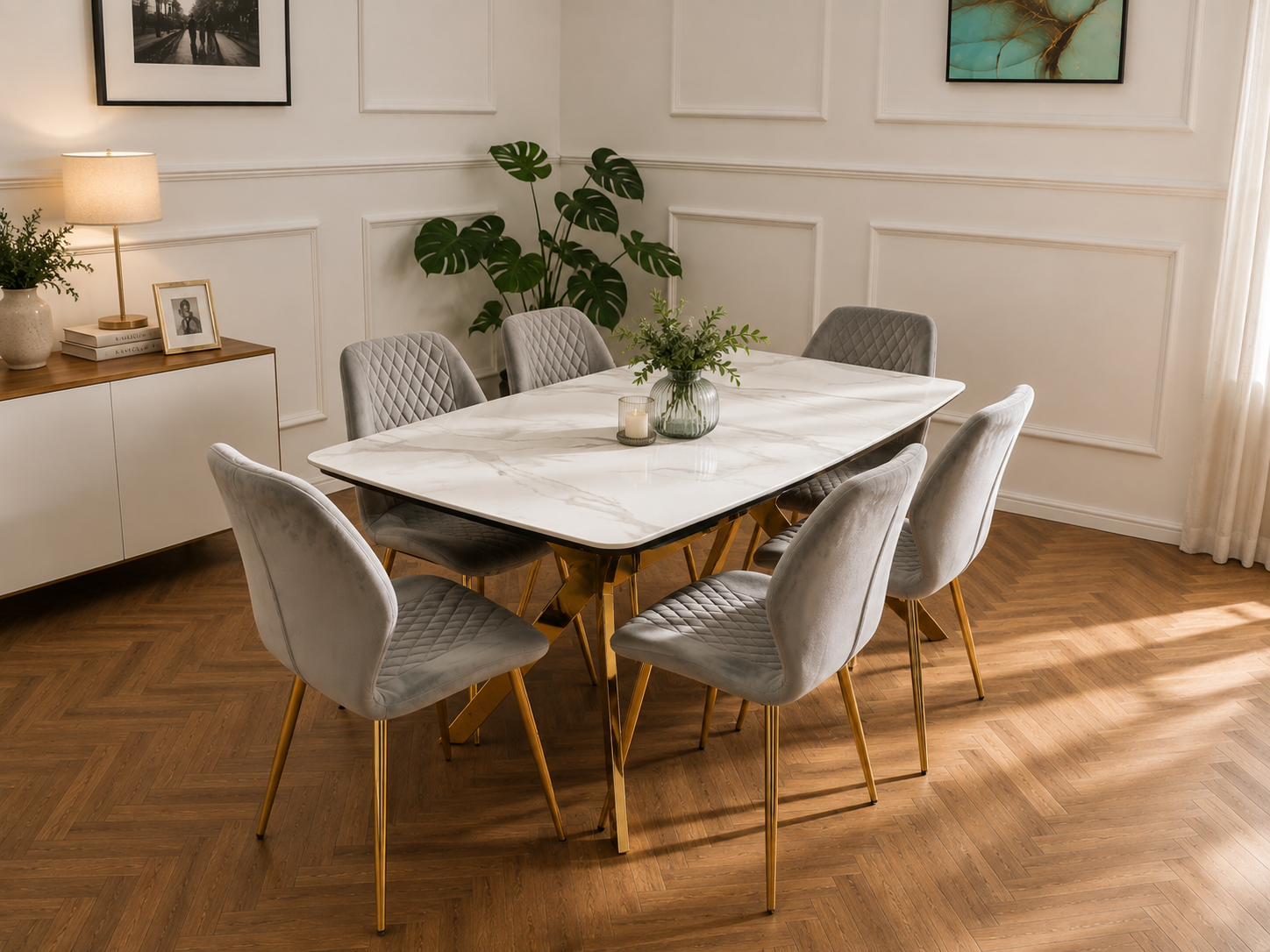 Vero Dining Set  White Marble Top &amp; Gold Base with 6 L Grey  Quilted Chairs