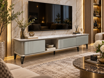 Kelvia Extendable TV Unit – Grey Marble &amp; Silver