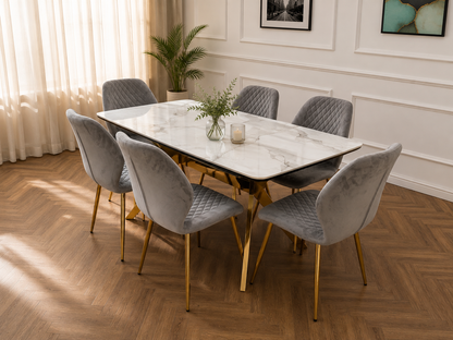 Vero Dining Set  White Marble Top &amp; Gold Base with 6 L Grey  Quilted Chairs