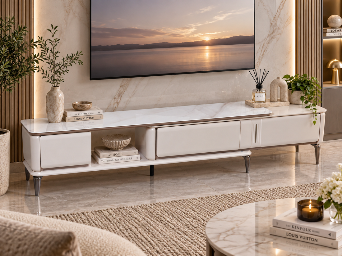 Arden Extendable TV Unit – Off White Marble Effect with Storage