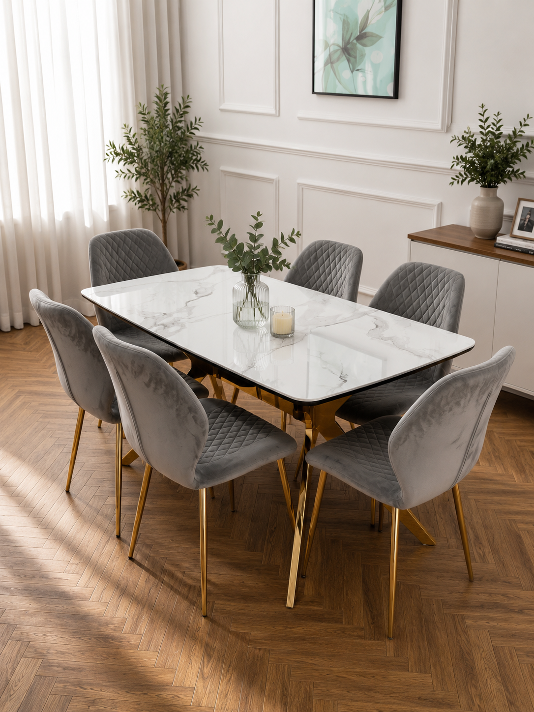 Vero Dining Set  White Marble Top &amp; Gold Base with 6 L Grey  Quilted Chairs