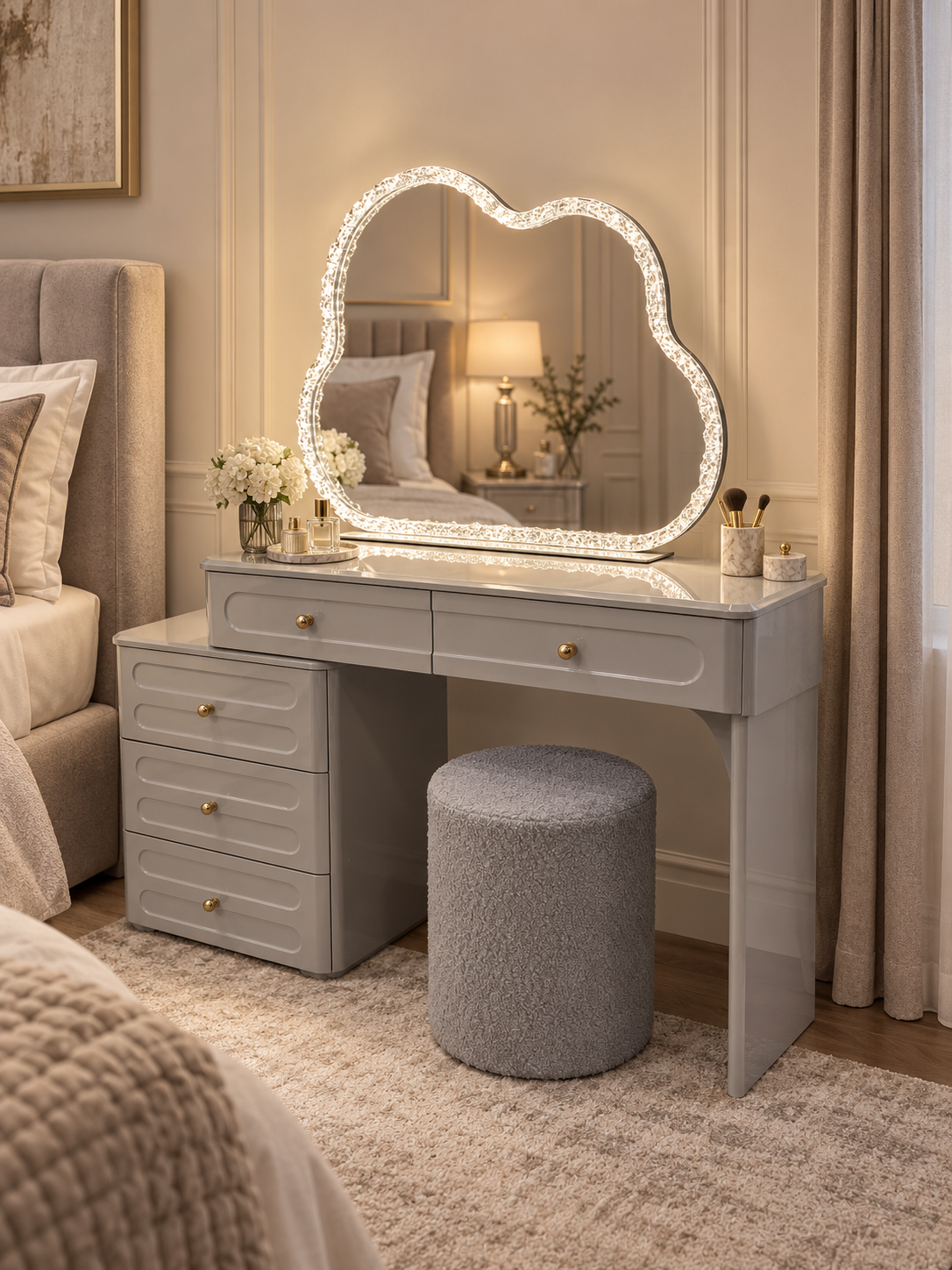 Elan Luxury Dressing Table with LED Mirror &amp; Stool