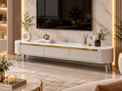 Elora 200cm TV Unit – Light Cream, White Marble Top &amp; Gold