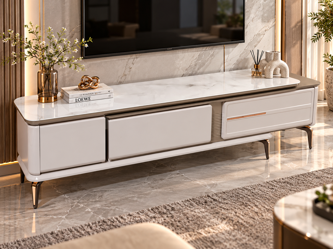 Aurelia Luxury TV Unit – White Marble & Champagne Gold