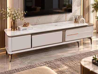 Aurelia Luxury TV Unit – White Marble &amp; Champagne Gold