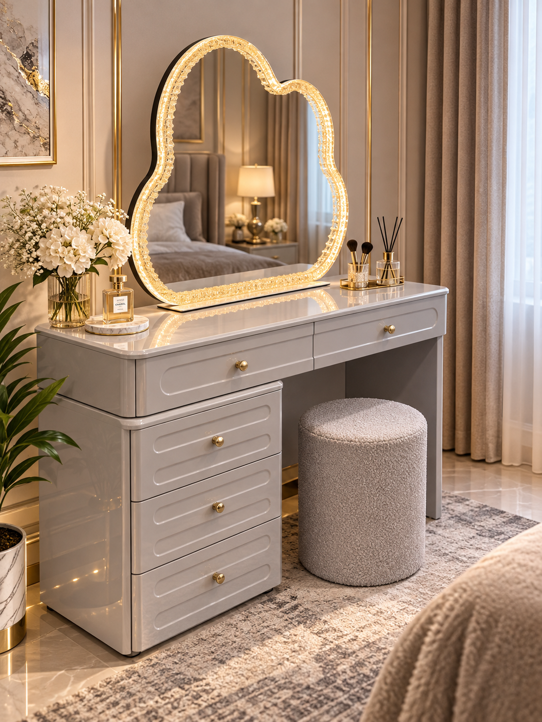 Elan Luxury Dressing Table with LED Mirror &amp; Stool
