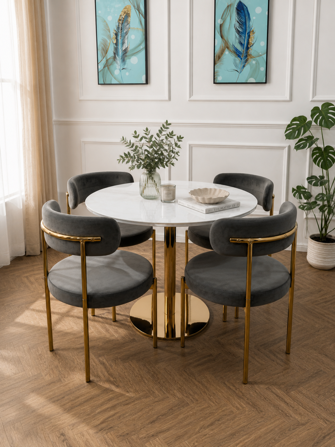 LUXE VELVET DINING SET — DARK GREY & GOLD