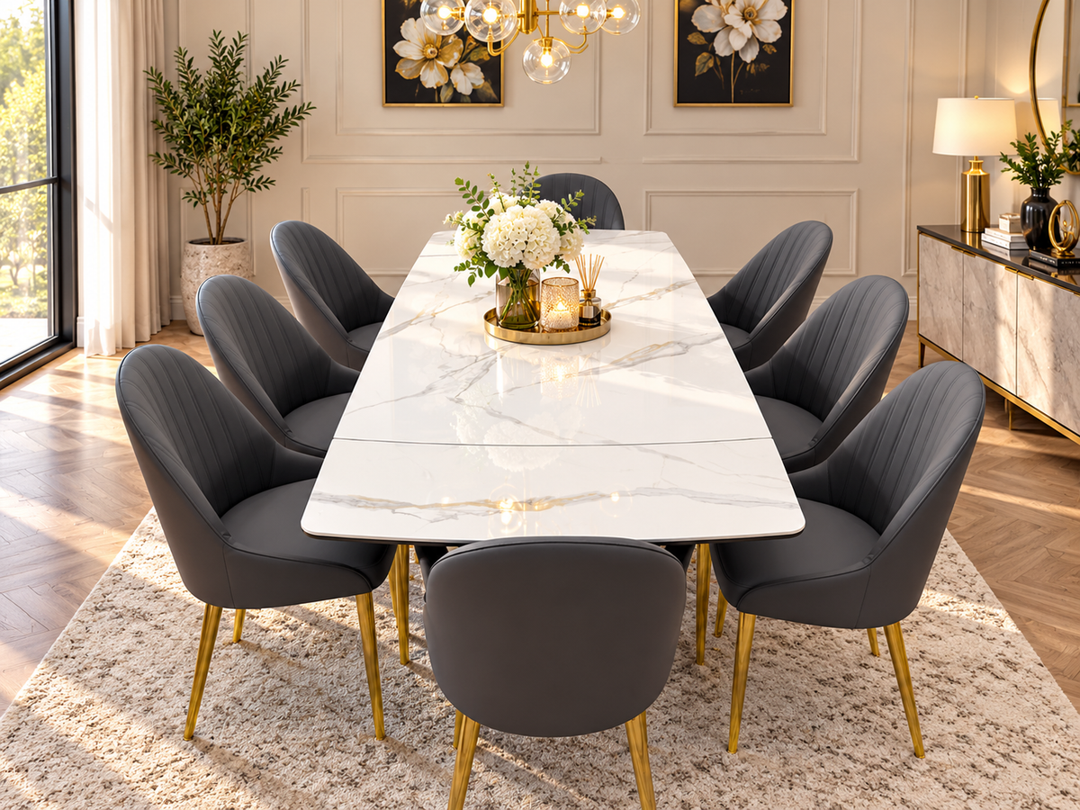 Elara Luxury Extendable Marble-Effect Dining Table Set