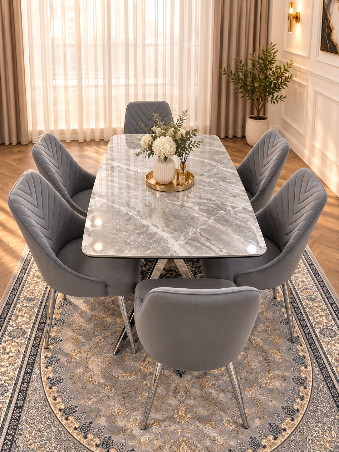 Savello Luxury Grey Marble-Effect Dining Set – 4 or 6 Beige or Grey Chairs