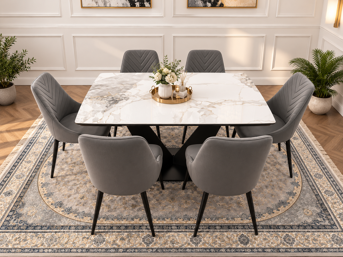 Bellaro Luxury Extendable Marble-Effect Dining Set – 6 or 8 Grey Chairs