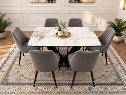 Bellaro Luxury Extendable Marble-Effect Dining Set – 6 or 8 Grey Chairs