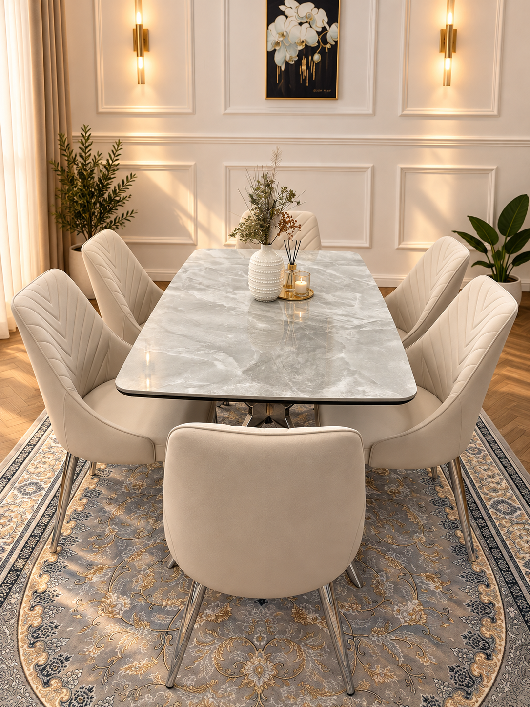 Savello Luxury Grey Marble-Effect Dining Set – 4 or 6 Beige or Grey Chairs