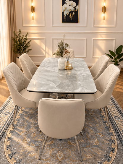 Savello Luxury Grey Marble-Effect Dining Set – 4 or 6 Beige or Grey Chairs