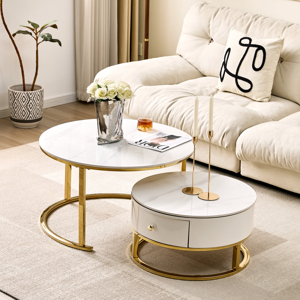 Opal Nesting Coffee Table Set with Storage Drawer – Marble Effect