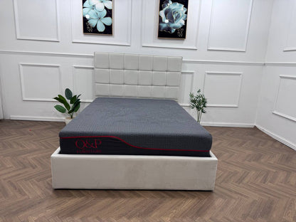 Velora Panel Upholstered Storage Bed – Modern Grey &amp; Beige Bed with Hydraulic Lift