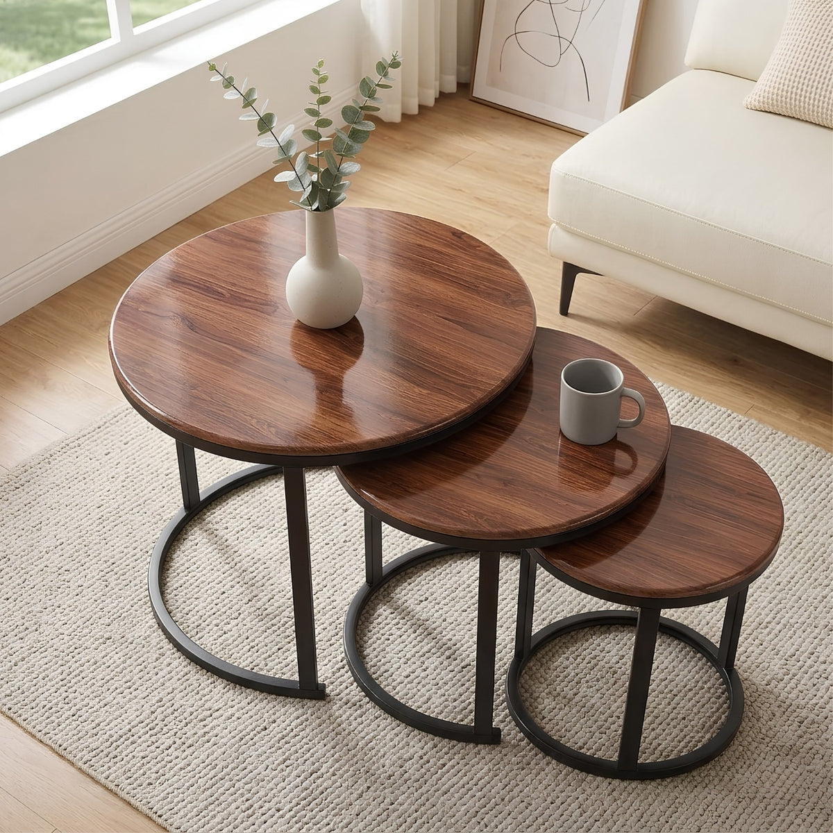 Oslo 3-Piece Walnut-Effect Nesting Coffee Table Set – Matt Black