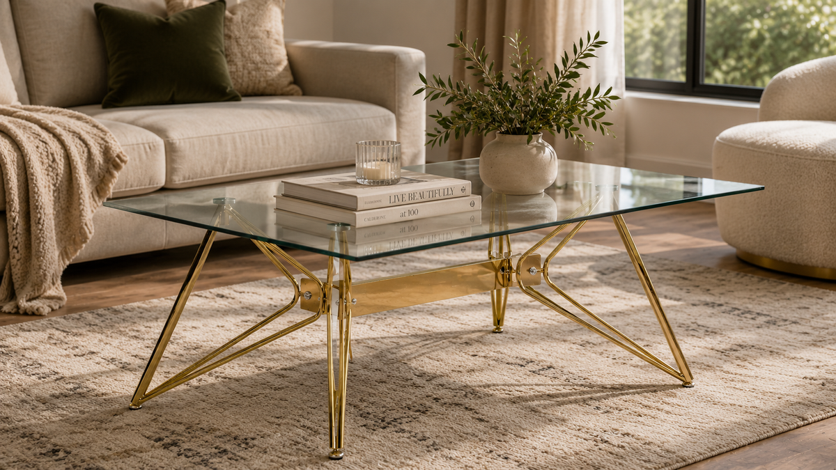 Leora Rectangular Glass Coffee Table – Gold &amp; Silver Chrome
