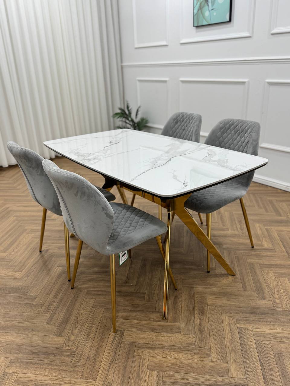 Vero Dining Set  White Marble Top &amp; Gold Base with 6 L Grey  Quilted Chairs