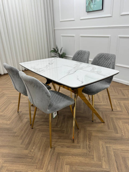Vero Dining Set  White Marble Top &amp; Gold Base with 6 L Grey  Quilted Chairs