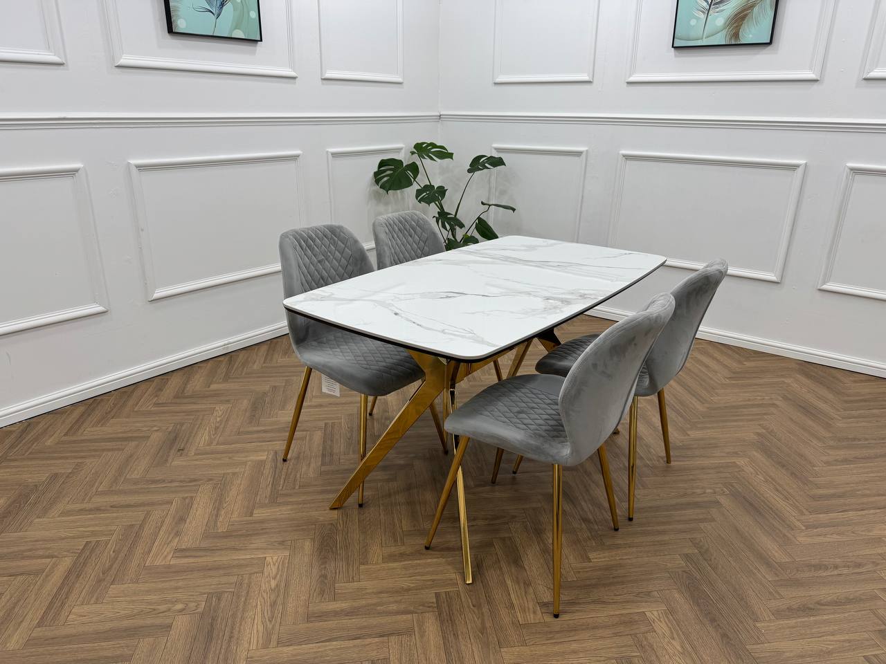 Vero Dining Set  White Marble Top &amp; Gold Base with 6 L Grey  Quilted Chairs