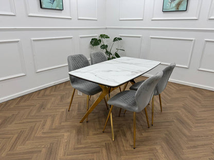 Vero Dining Set  White Marble Top &amp; Gold Base with 6 L Grey  Quilted Chairs