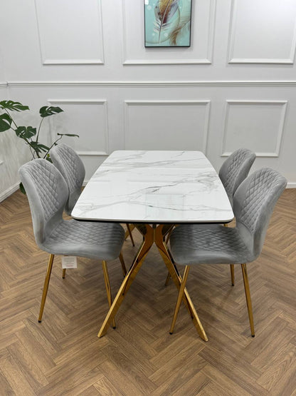 Vero Dining Set  White Marble Top &amp; Gold Base with 6 L Grey  Quilted Chairs