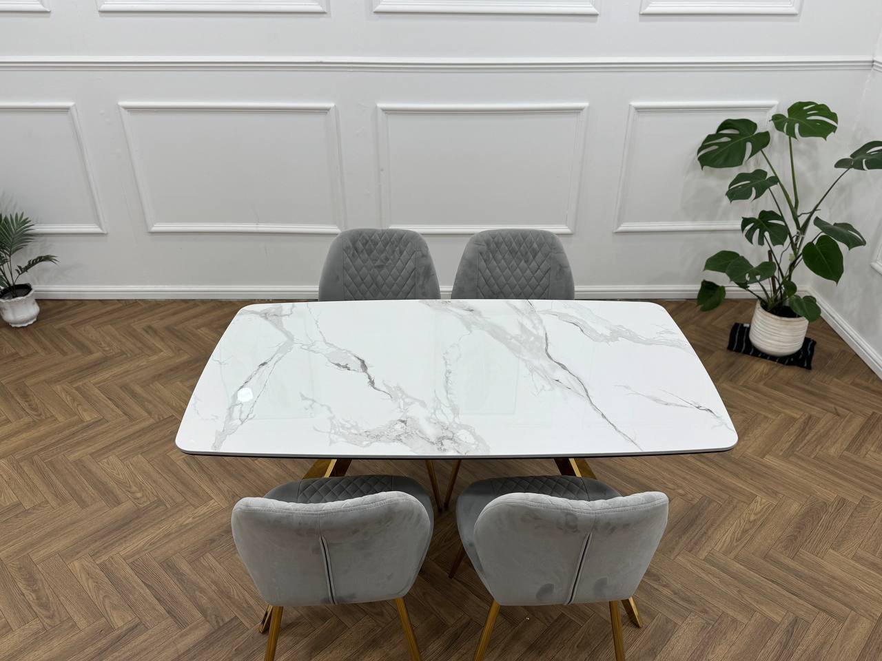 Vero Dining Set  White Marble Top &amp; Gold Base with 6 L Grey  Quilted Chairs