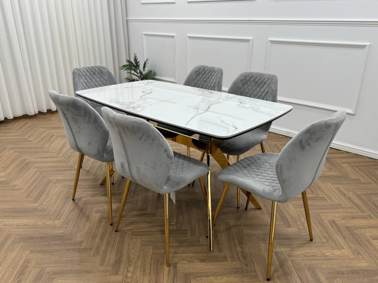 Vero Dining Set  White Marble Top &amp; Gold Base with 6 L Grey  Quilted Chairs