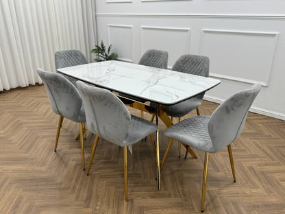 Vero Dining Set  White Marble Top &amp; Gold Base with 6 L Grey  Quilted Chairs