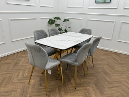 Vero Dining Set  White Marble Top &amp; Gold Base with 6 L Grey  Quilted Chairs